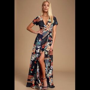 NWT Lulus Aleta Floral Patchwork Maxi Dress Navy Wrap Style Size Large